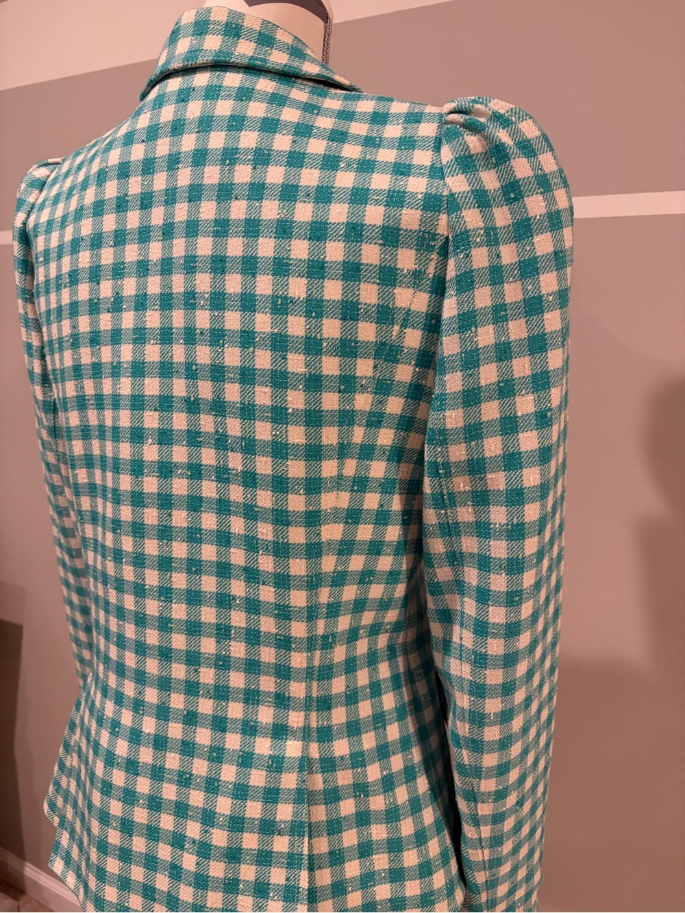 Smythe Pouf Sleeve Aqua Check Gingham Blazer - Picture 7 of 8